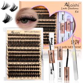 AILAISHI Lash Clusters Kit, DIY Cluster Eyelash Extensions 9‑16mm, 60D+80D+100D, 224pcs Fluffy D Curl Natural Lashes with Bond & Seal,Remover,Tweezers,Brush–Fake Cat Eye Individual Clusters