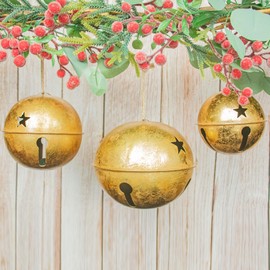 KI Store Oversized Jingle Bells Set of 3 Gold Metal Bells 15cm 12cm 10cm for Christmas Decorations Xmas Tree Garland Wreath Decor
