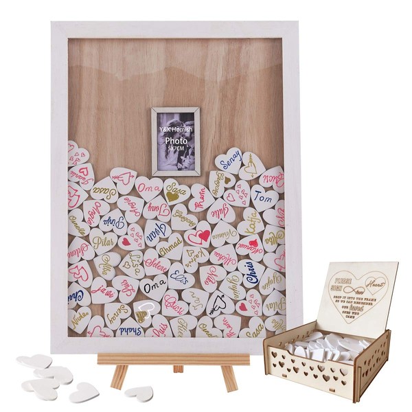 Wedding Guest Book, Y&K Homish Drop Top Frame Sign Book with 100PCS Wooden Hearts, Rustic Wedding Decorations and Gift (White Wooden Frame + Picture/ Photo)