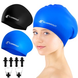 PLMMOUT 2 Pack Swim Caps for Women,Waterproof Silicone Swim Caps with Nose Clip and Ear Plugs to Keep Hair Dry,Swimming Caps for Long Thick Curly Hair