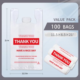 TGEONIX White Thank You Plastic Bags, 100 Pack Reusable & Disposable Grocery Shopping Bags with Handles-11.5"x6.5"x21" T-Shirt Bag, Eco-Friendly for Small Business & Supermarket Use