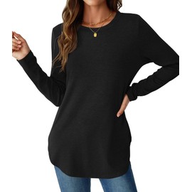 NORACORA Womens Long Sleeve Round Neck Shirts Side Split Basic Loose Tunic Tops Casual 2025 Trendy T Shirts Blouse Black L
