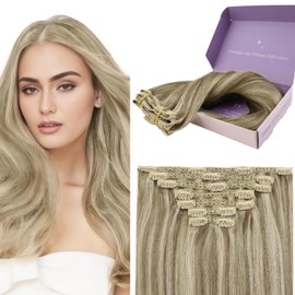 Fshine Human Hair Extensions Clip in 22 Inch Light Brown Highligh Platinum Blonde Clip in Hair Extensions Real Human Hair Thick Hair 100% Remy Human Hair 120g 7 Pieces Hair Extension Clips