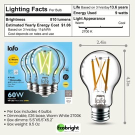 LafoHome EcoBright 8PK Dimmable A19 LED Filament Bulb, 9W (60W Equivalent), E26 Base, 810 Lumens, CRI90+, Flicker-Free Clear Glass, Energy Star Title 20, Warm White 2700K