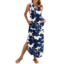 WNEEDU Summer Dresses for Women 2025 Maxi Dresses Casual Collared V-Neck Sleeveless Sundresses Split Beach Long Dress Travel Vacation Outfits,White Navy Flower L