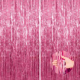 DABAOOU 2pcs 3.28 x 6.56 Ft Pink Glitter Party Streamers Backdrop Tinsel Foil Fringe Curtains Decorations for Birthday, Wedding, Graduation School Princess Baby Shower Disco Party Decor Supplies