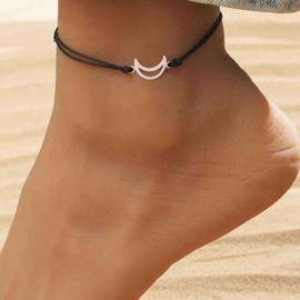 Dervivea Vintage Layered Moon Leather Anklet Silver Hollow Moon Anklet Chain Black Leather Ankle Bracelet Adjustable Leather Rope Anklet Foot Chain Jewelry for Women