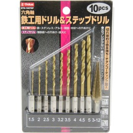 E-Value ETD-10STEP Hexagonal Shaft Iron Drill & Step Drill Set, Titanium Coating, Set of 10