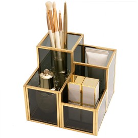 HARLIANGXY Make up brush holder, make-up brush holder, cosmetic organiser with 4 compartments, make-up storage, gold, cosmetic brush container for dressing table, desk