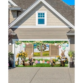 Easter Garage Door Banner, Easter Theme Large Rural Garage Cover Decoration, Rustic Wooden Board Wall Window Floral Egg Garden Bunny Spring Outdoor Garage Decoration Indoor Party Background Props