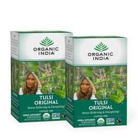 Organic India Original Tulsi Tea - Herbal Tea, Holy Basil and African Basil Calming and Stress Relief Tea, Immune Support, USDA Certified Organic, Non-GMO, Caffeine-Free - 18 Infusion Bags, 2 Pack