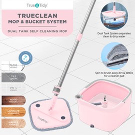 True & Tidy® True Clean Mop and Bucket System, Includes Square Spin, Dual Compartment Mop Bucket and 2 Thick Machine Washable Pads New Upgraded with Side Brush & Self Standing Handle, Rose