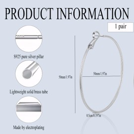 3 Pair Sterling Silver Hoop Earrings,Hoop Earrings for Woman,Small Minimalist Drop Earrings,Adjustable Clip on Earrings,Oversize Big Hoops for Girls,Lightweight,50mm,Light Luxury High-end