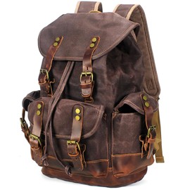 HuaChen Vintage Canvas & Leather Backpack: Spacious Durable Rucksack for Men & Women, Travel, Hiking (M86_Coffee)