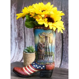Ebros Gift Rustic Western Oil Derrick Pump Jack USA Flag Cowboy Boot Flower Vase Planter