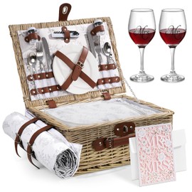 Picnic Basket for 2, Bridal Shower Gift Wedding Gifts with Mr Mrs Wine Glasses and Greeting Card, Engagement Newly Weeding Gifts for Couples 2026, Wicker Picnic Set Kit with Blanket Cooler for Beach