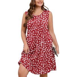 AusLook Plus Size Women Summer Dress Sleeveless Crew Neck Casual Cute Loose Fitting Tank Sundress Plum Blossom 5X Comfy Swing Midi Flowy A-line Trendy Beach Vacation Teacher Dresses with Pockets