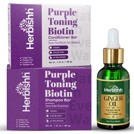 Herbishh Purple Toning & Strengthening Set – Purple Shampoo & Conditioner Bars + Ginger Oil 30ml – For Blonde, Gray & Thinning Hair – Brassy Tone Control with Scalp Support – Vegan & Sulfate-Free