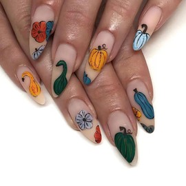 24 Pcs Pumpkin Press on Nails Medium Length Autumn Flower Fake Nails Almond Shape Thanksgiving Day Acrylic Nails Matte Designs Reusable Fall Pumpkins False Nails Stick on Nails for Women Girl Nail Art