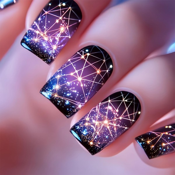 Purple Press on Nails Medium Square Fake Nails Purple Black