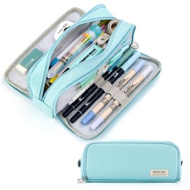 CICIMELON Pencil Case Large Capacity Pencil Pouch 3 Compartments Pencil Bag Gift for Students Girls Adults Women（Light Blue）