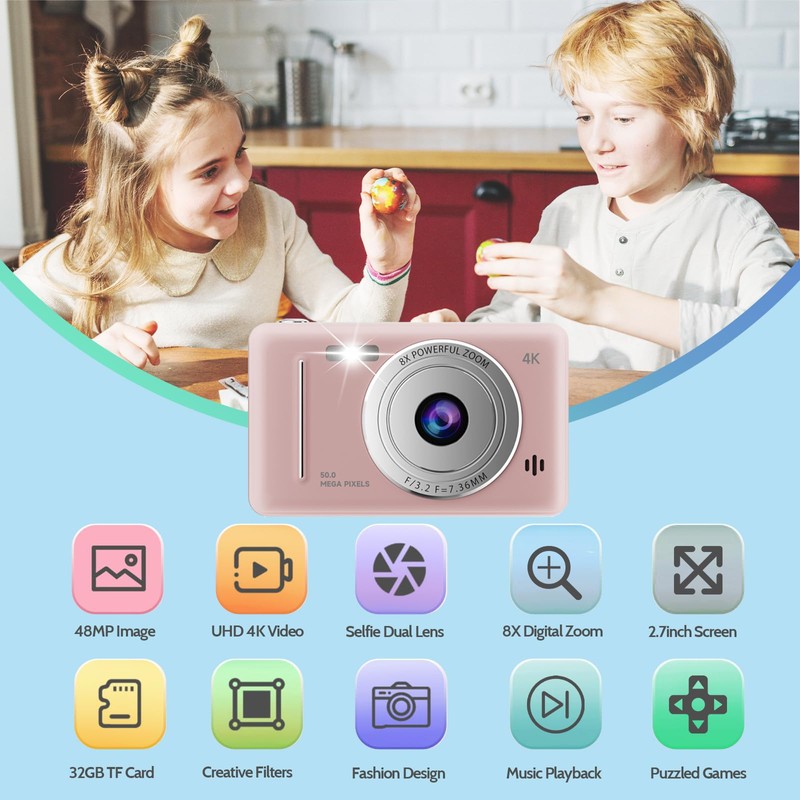 Kids Camera, Dual Lens UHD 4K Vlogging Camera, 48MP Digital