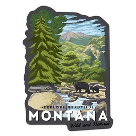 Die Cut Sticker Montana, Bear Family and Creek, Contour Vinyl Sticker 1 to 3 inches (Waterproof Decal for Cars, Water Bottles, Laptops, Coolers), Small