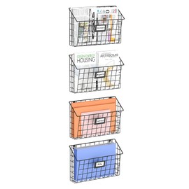 X-cosrack 4-Tier Hanging Wall File Holder Vertical Wall Mount Metal Wall File Organizer with Tag Slot Document Magazine Rack Mail Organizer for Office Home, Black