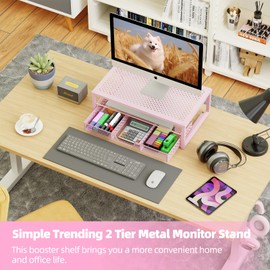 Simple Trending Metal Monitor Stand Riser and Computer Desk Organizer with Drawer for Laptop, Computer, iMac, Pink