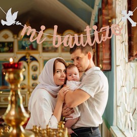 Mi Bautizo Banner, My Baptism, Spanish First Holy Communion, Bridal Shower/Confirmation/Baby Shower Party Decorations Rose Gold Glitter