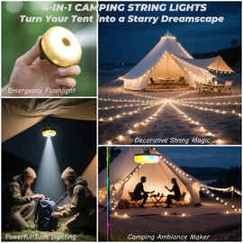 Olizurch Camping String Lights Solar USB Rechargeable, Retractable String Lights Camping 4 in 1 Led Roll Up Waterproof Outdoor Hanging Fairy Lights 33FT with 8 Modes for Tent Garden Party Festival