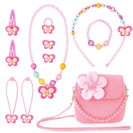 Handbag Jewellery for Kids Girls Hair Clips Set Rainbow Necklace Bracelet Earrings Rings Floral Plush Bag Lovely Princess Party Gifts for Little Girls M Plush, Plush, plastic and resin, Agate