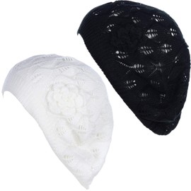 BYOS - Gorro de punto de ganchillo suave y ligero estilo parisino, 2-pack Leafy W/ Flower White & Black, Talla única