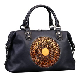 Zhuoliang Genuine Leather Women's Handbags Travel Small Purses Top Handle Barrel Satchel Shoulder Hand Bags leather crossbody bags for Women Retro Totem Tote Bag Navy