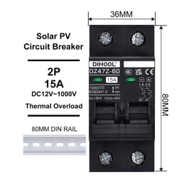 DIHOOL DC Circuit Breaker 15 Amp Solar Disconnect Switch 2P 12-1000V for PV, UPS, RV Battery,DIN Rail Mount