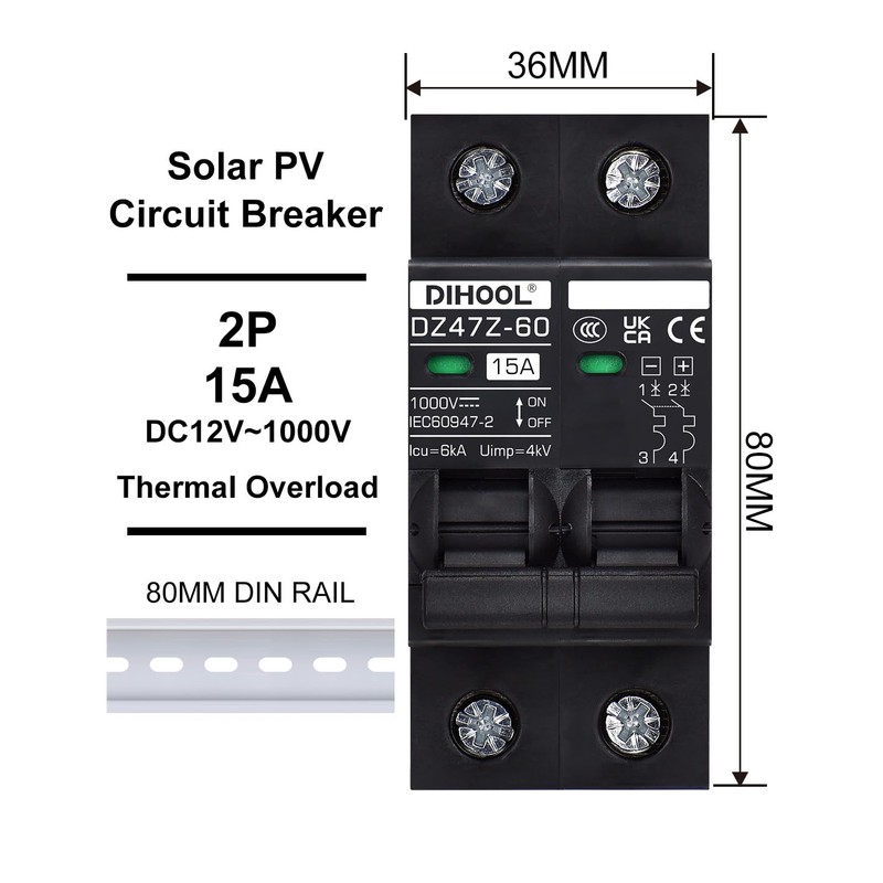 DIHOOL DC Circuit Breaker 15 Amp Solar Disconnect Switch 2P
