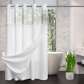 CYPL No Hooks Needed Waffle Weave Shower Curtain with Snap in Fabric Liner Set, Hotel Style with See Through Mesh Top Window Shower Curtains,Double Layer,Waterproof & Washable, SPA ,71Wx74H ,White