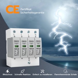 PJERJZN Überspannungsschutz & Überspannungsableiter 230V/275V Typ 1+2 (20-50kA 4P) – Blitzschutz für Haushalt, Solaranlagen und Industrie (4P 275V)