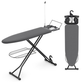 KINGBOARD Ironing Board, Compact Iron Board Full Size with Extra Thick Cover, 7 Adjustable Heights Stand with Hanger and Iron Rest, Large Heavy Duty Ironing Board with Storage Tray, 13x43 Black