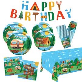Happy Camper Birthday & Camping Party Decorations Set - Serves 25 with Disposable Plates, Cups, Napkins, Tablecloth & Banner, 1st Birthday, Camping Themed Events & Wedding Parties