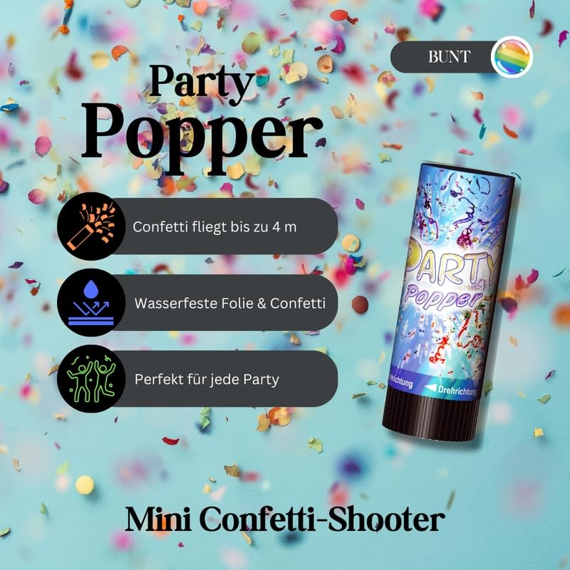 8 x Party Poppers, 10 cm with Confetti and Streamers