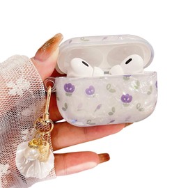 PHOEACC Compatible with AirPods Pro 2nd Generation Case Cute Flower Pearl Shell Protective Case with Keychain for Girls and Women (Tulpe Purple)