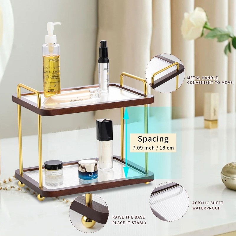 2-Tier Bathroom Counter Organizer with Transparent Stripe Acrylic Shelves, Brown