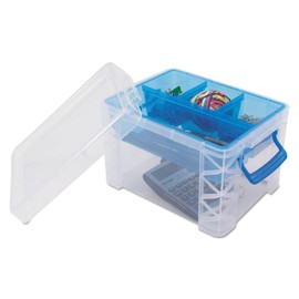 Super Stacker Advantus 37375 Divided Storage Box, Clear w/Blue Tray/Handles, 7 1/2 x 10.12x6.5