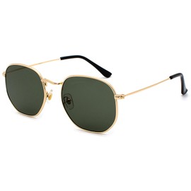 RUNHUIS Retro Polygon Sunglasses for Men and Women, Fashionable Square Glasses, Ultralight Metal Frame, Gold/Dark Green