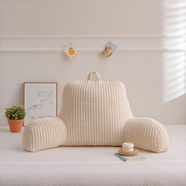 NTBED Reading Pillow Faux Fur Bed Wedge Backrest with Pockets,Couch TV Lattice Flannel Bed Rest Pillow Back Support Cushion for Sitting Up in Bed for Adult (White,Large)