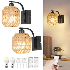 Bailoch Black Rechargeable Battery Operated Wall Sconces Set of 2 with Remote, Boho Rattan Wireless Dimmable Battery Powered Wall Lights, Cordless Wall Lamp Lighting Fixture for Bedroom Living Room