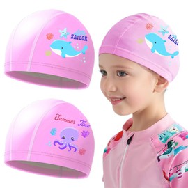Children's Swimming Caps, Pack of 2, Elastic Swimming Cap with Coating, Waterproof, UV Protection Swimming Cap Children, Cartoon Pattern, for 3-15 Years, Suitable for Swimming, Diving