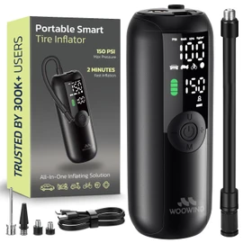 Woowind Tire Inflator Portable Air Compressor, Bike Pump, 1 Minute Inflation, 150PSI Air Pump For Car Tires, Bikes, Motorcycles, Balls - with Digital Pressure Gauge, LED Light & Auto Shut-Off