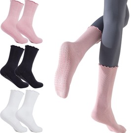 3 Pairs Pilates Socks with Grips Non Slip Ruffle Yoga Socks Grip Socks for Ballet Dance Barefoot Workout Pregnant Crew Socks (UK, Alpha, One Size, Regular, Regular, 3 Pairs - Black+White+Pink)